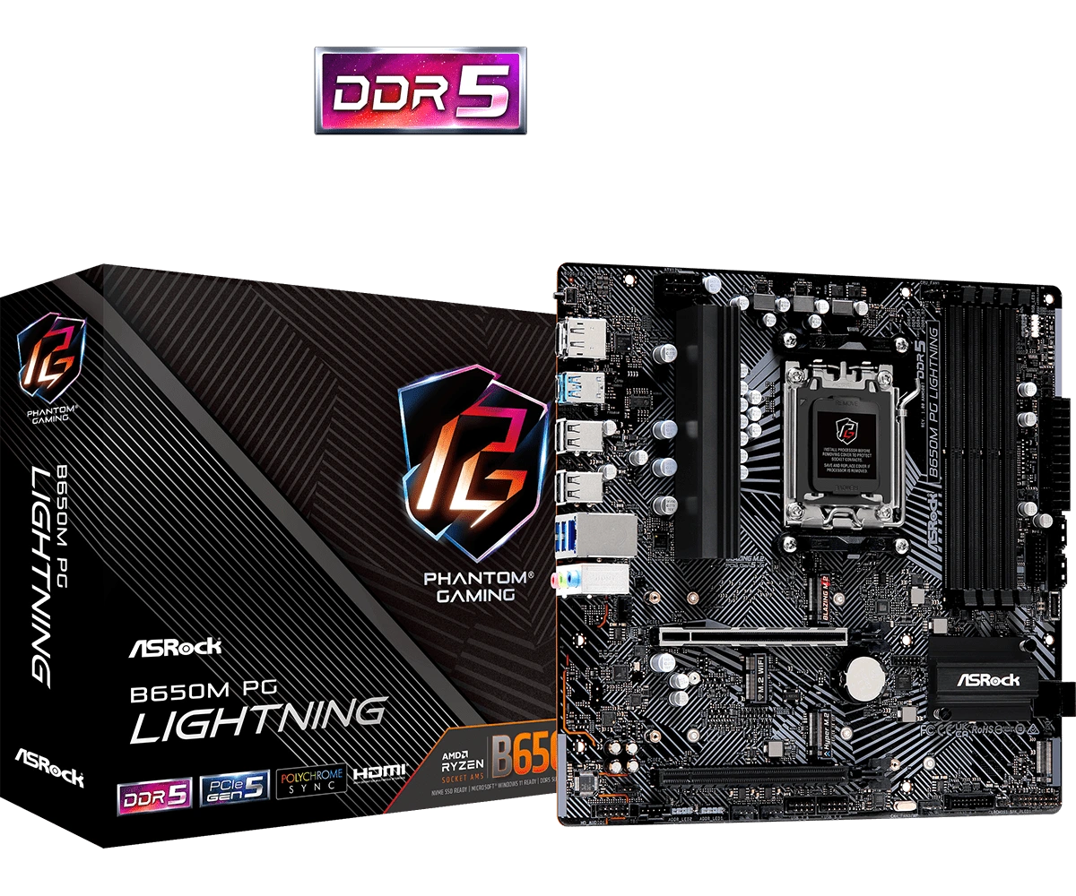 B650M_PG_Lightning_L1_c3v4qj.webp ASRock B650M PG Lightning AMD AM5 mATX Motherboard - Image 1