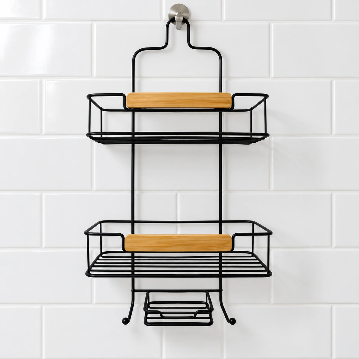 bathroom-basics-bamboo-caddy-main-1200 Bathroom Basics Bamboo Shower Caddy Black and Brown - Image 1