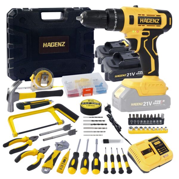 Hagenz Electric Cordless Impact Drill Set 98pcs, 2 Batteries and Charger
