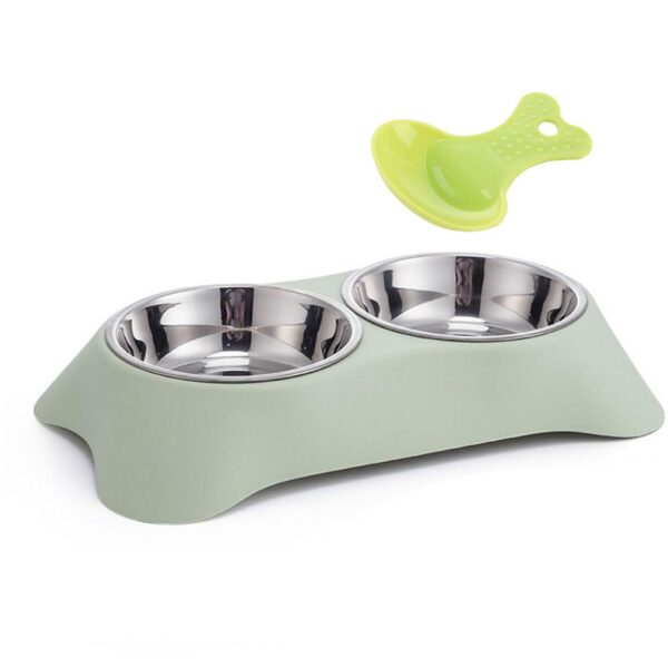 Green Double Dog Bowl Stainless Steel Double Bowl with 1 Food Spoop - S