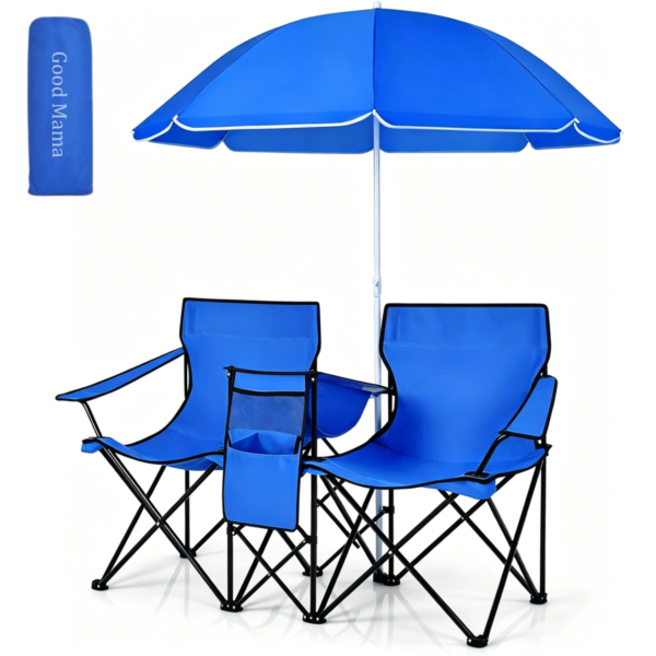 GoodMama Double Camping Chair Picnic Chair with Umbrella for Beach Patio