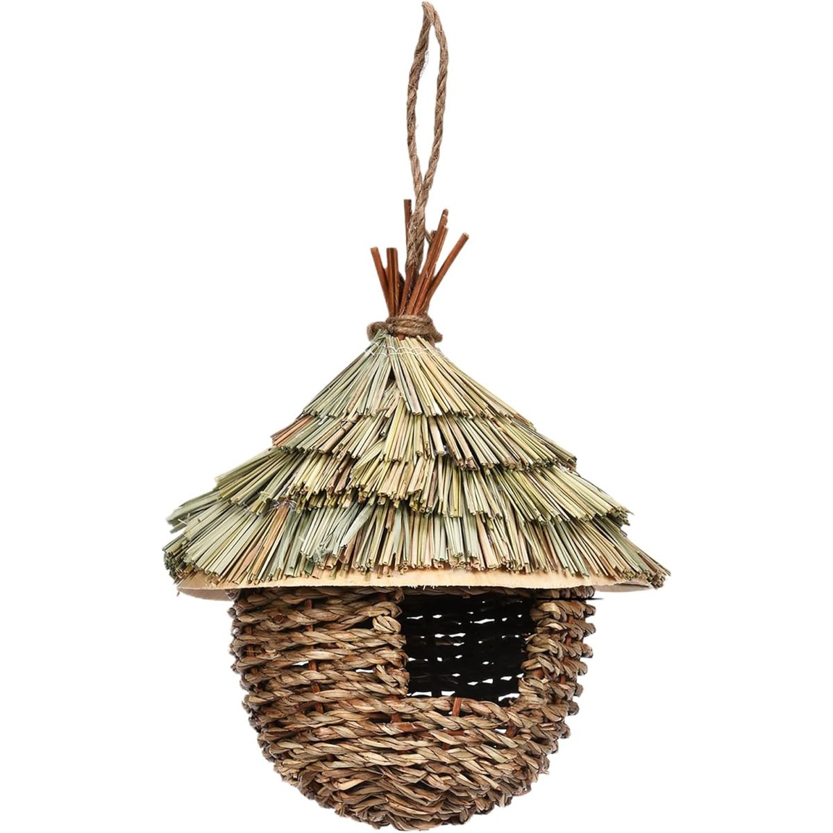Hanging Straw Birdhouse with Thatched Roof and Rope - 22cm Hanging Straw Birdhouse with Thatched Roof and Rope - 22cm