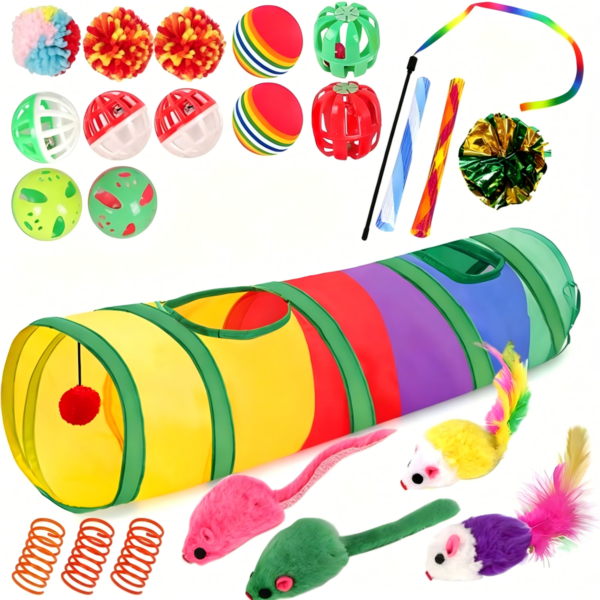 24 Pieces Cat Toy Set, Including Rainbow Tunnel and Various Ball Toys