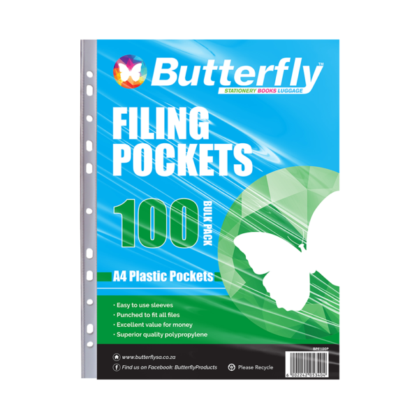 Butterfly A4 Plastic Filing Pockets (Bulk Pack of 100)