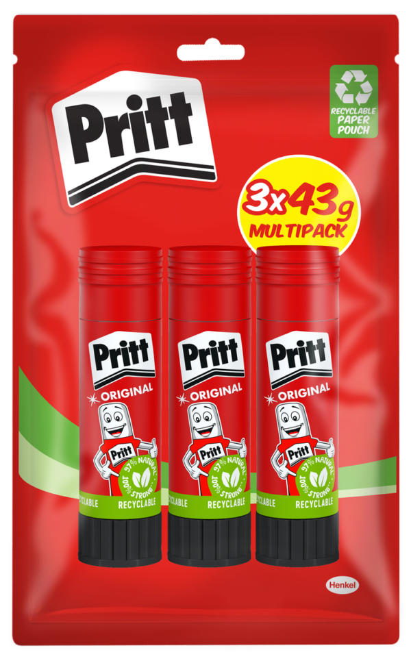Pritt Glue Stick 43g (3 Pack) - Non-Toxic Adhesive for School & Office Use