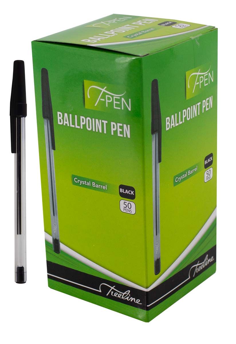 Treeline Ballpoint Pens Crystal Barrel T-Pen Black - Box of 50 Treeline Ballpoint Pens Crystal Barrel T-Pen Black - Box of 50