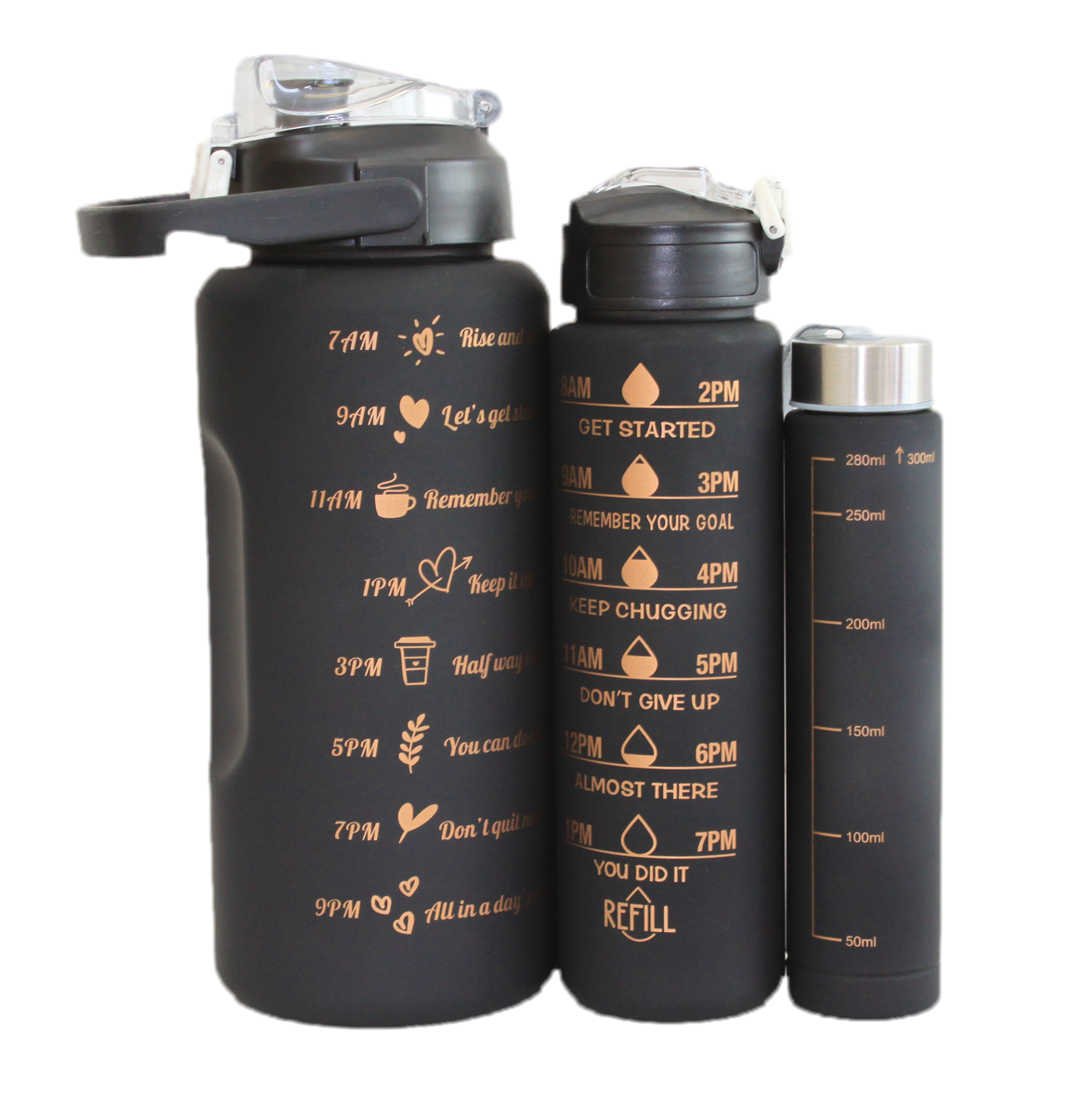 Black 3pcs Motivational Lockable Lid Water Bottle Black 3pcs Motivational Lockable Lid Water Bottle