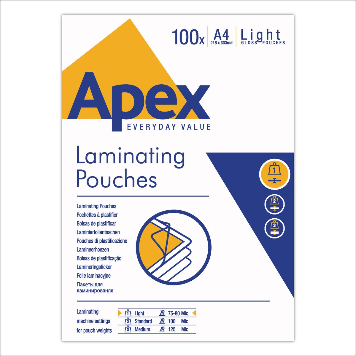 Apex Laminating Pouches, Light A4 Gloss, 150 Micron, 100 Pack Apex Laminating Pouches, Light A4 Gloss, 150 Micron, 100 Pack
