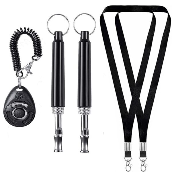 5 Pack Dogs Training Whistle Set with 2 Black Whistles 2 Lanyards 1 Clicker
