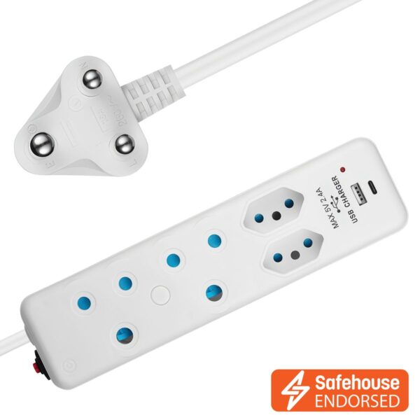 SWITCHED 4 Way Extension Lead with USB, Type C & 2m Extension Cord