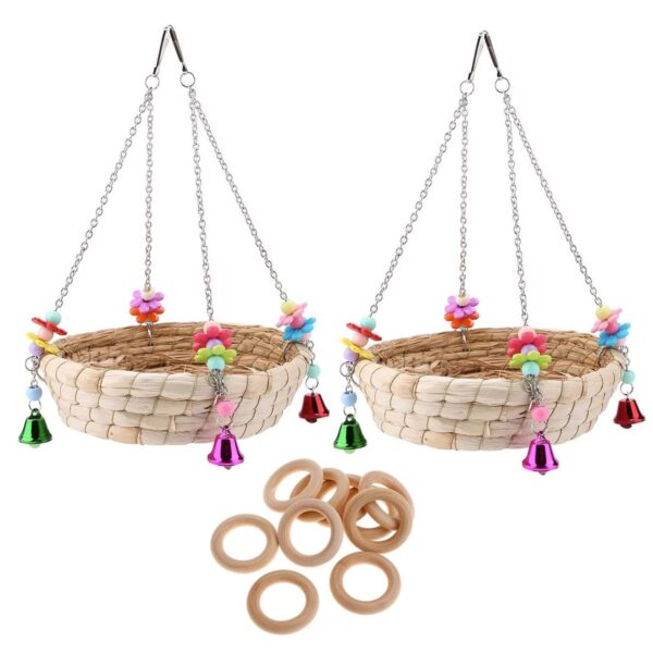 2 Pack Woven Straw Nest Bed Large Bird Swing Toy With 10 Piece Wooden Rings