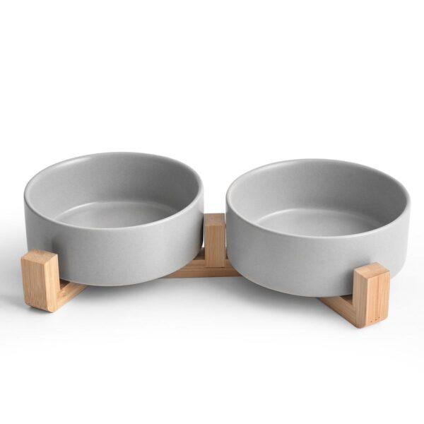 Ceramic Pet Bowls Set, Double Dog Cat Food Water Bowls with Bamboo Stand