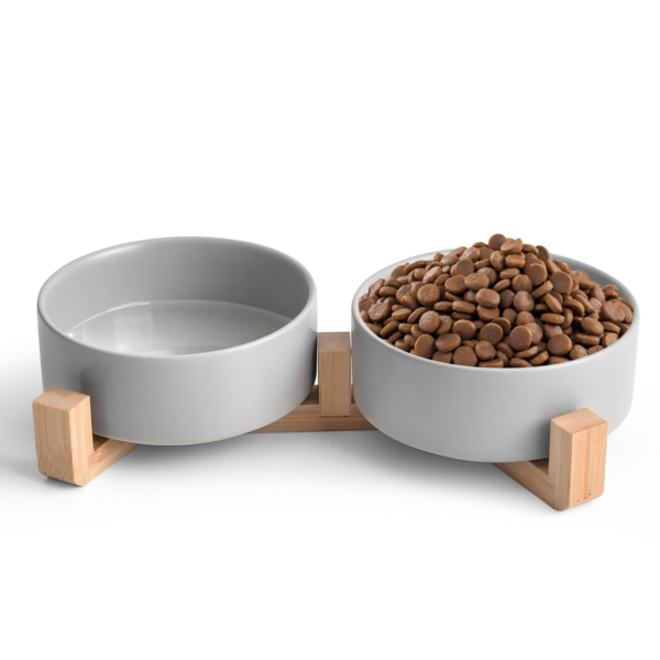 Set Of 2 Ceramic Cat Food Bowl Water Feeder Easy To Clean With Wood Stand