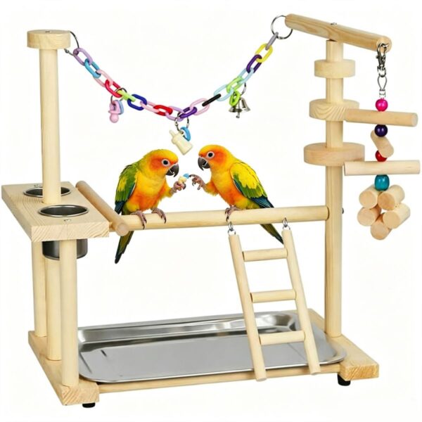 WoodenBird Parrot Play Stand Toy Parrot Perch Interactive 39.5×25.5×34 cm)