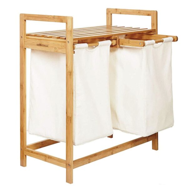 Large capacity Bamboo Laundry Basket with 2 Basket and Removable Bags