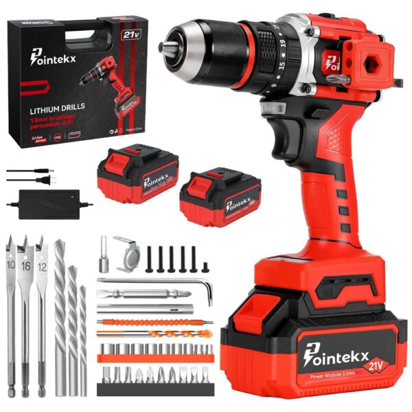 POINTEKX 90Nm Brushless Cordless Impact Drill 13mm Metal Chuck