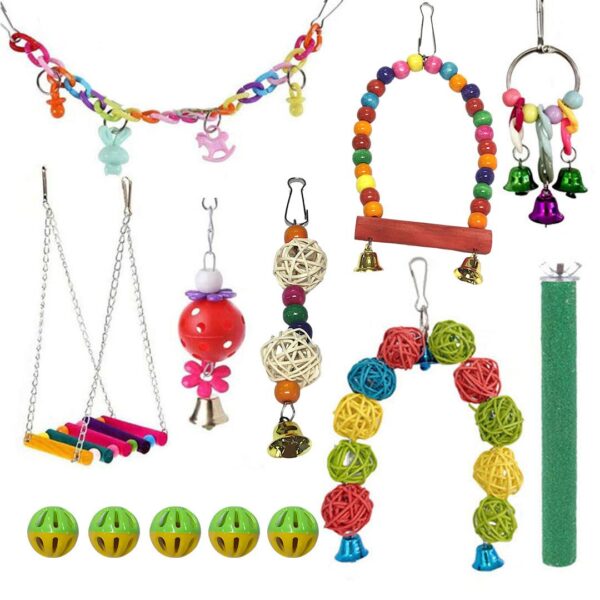 13PCS Bird Toys Parrot Swing Chewing Standing Hanging Parakeet Cage Toys