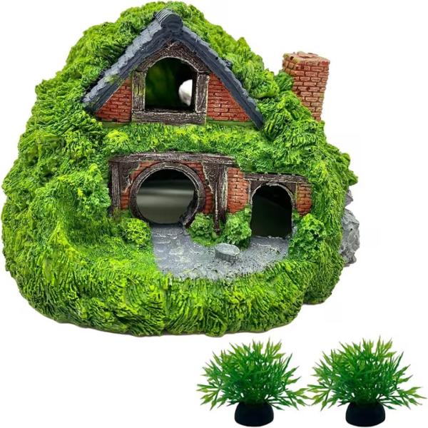 Aquarium Decoration Resin House w/ 2 Green Plants, 13x12.5x9cm, Multi-color