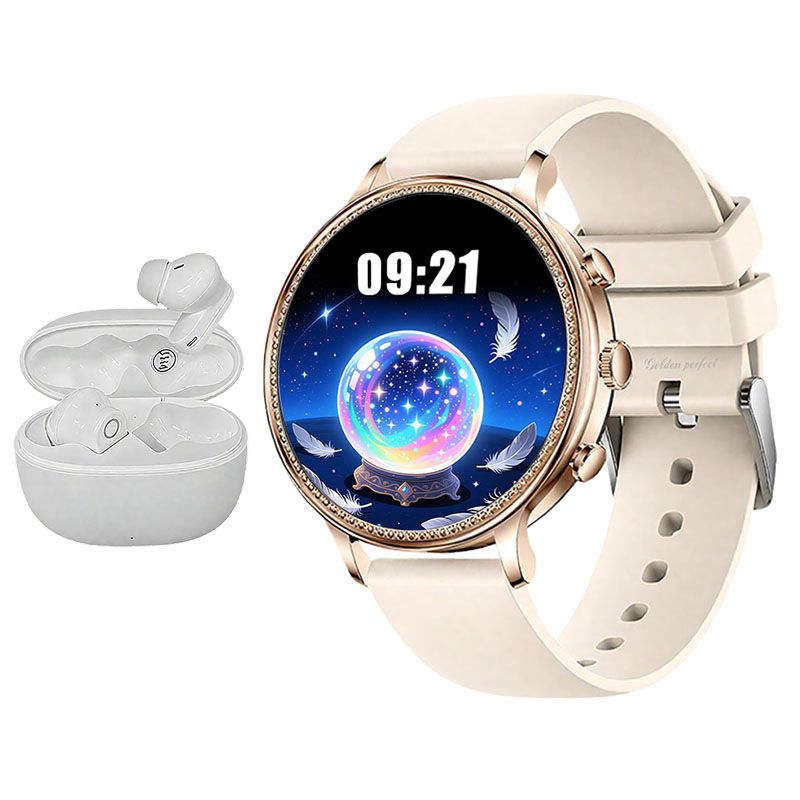 s-zoom.file_-1058.jpg Women's 1.83" Smartwatch & Earphones Set - Gold Round Dial, Dual Straps - Image 1