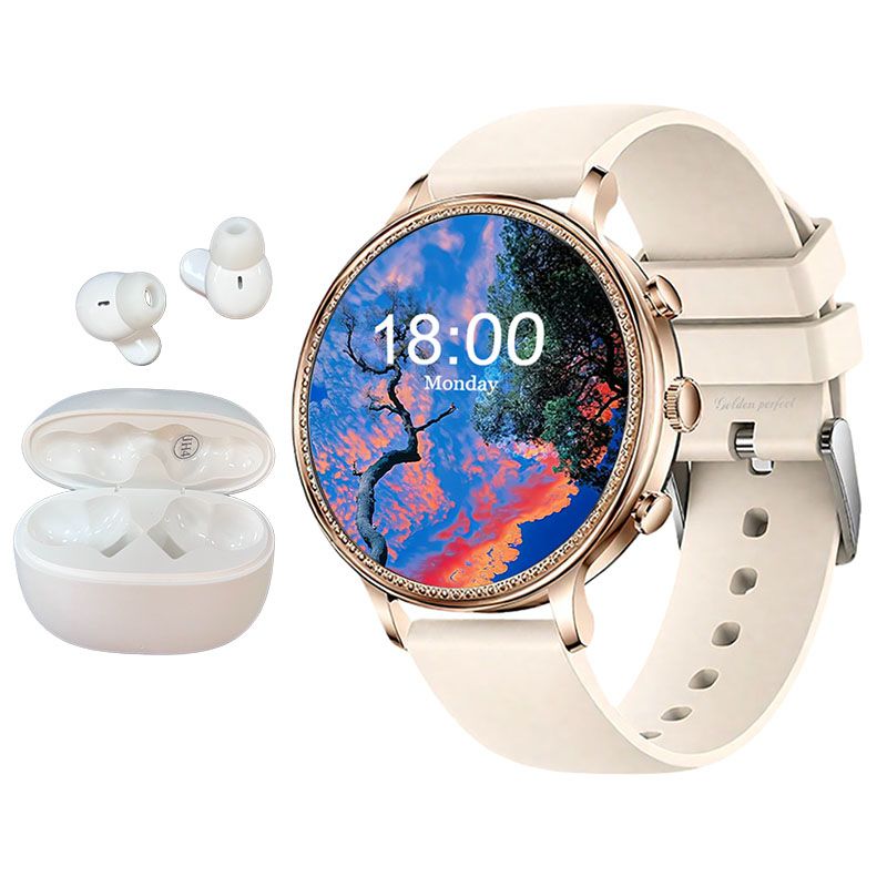 s-zoom.file_-1060.jpg Women's Smartwatch & Earphones Gift Set - 1.83" Gold Dial, Dual Straps - Image 1