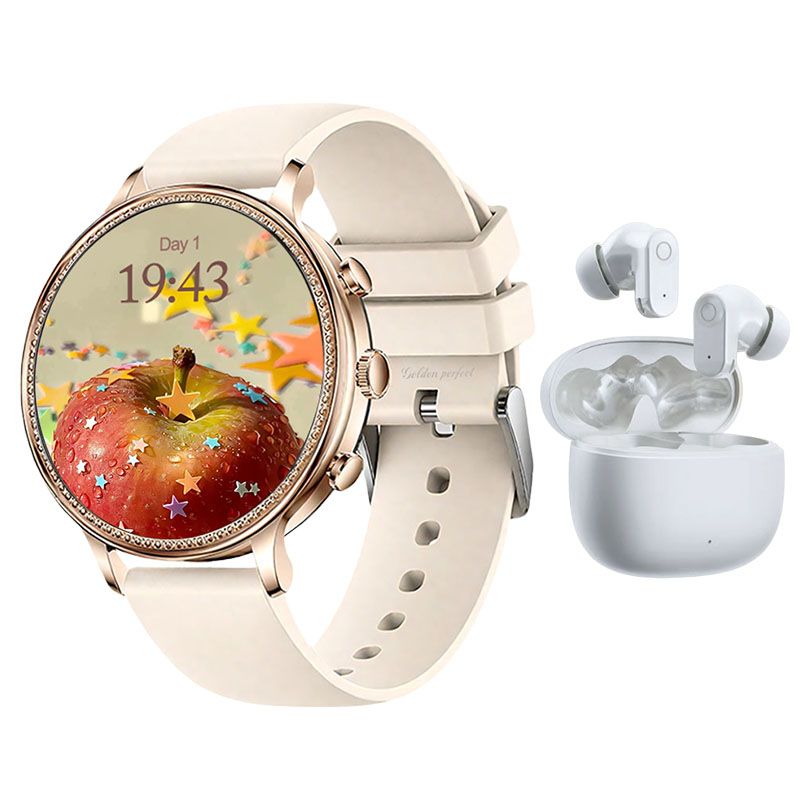 s-zoom.file_-1062.jpg Women's 1.83" Smartwatch & Earphones Set - Gold Dial, Dual Straps - Image 1
