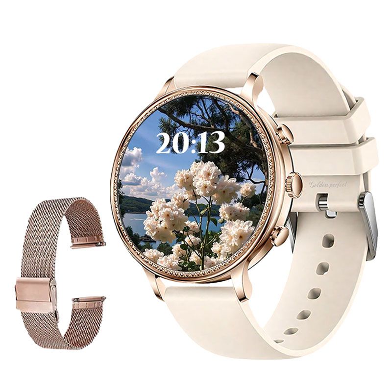 s-zoom.file_-1066.jpg Women's 1.39" Gold Smartwatch - Dual Straps & 100+ Sports Modes - Image 1