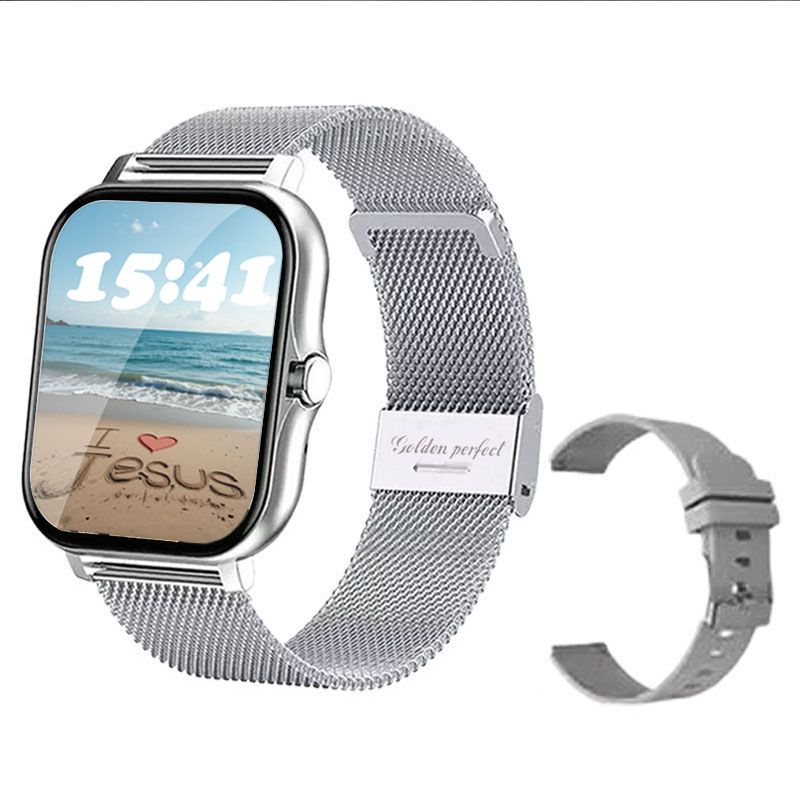 s-zoom.file_-1074.jpg Unisex Square Smartwatch - Dual-Strap Silver Fitness Watch with HD Display - Image 1