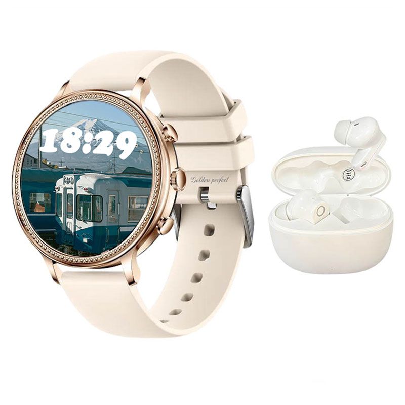 s-zoom.file_-1113.jpg 1.39-Inch Women's Smartwatch & Earphones Pink Strap & Gold Bezel Gift Set - Image 1