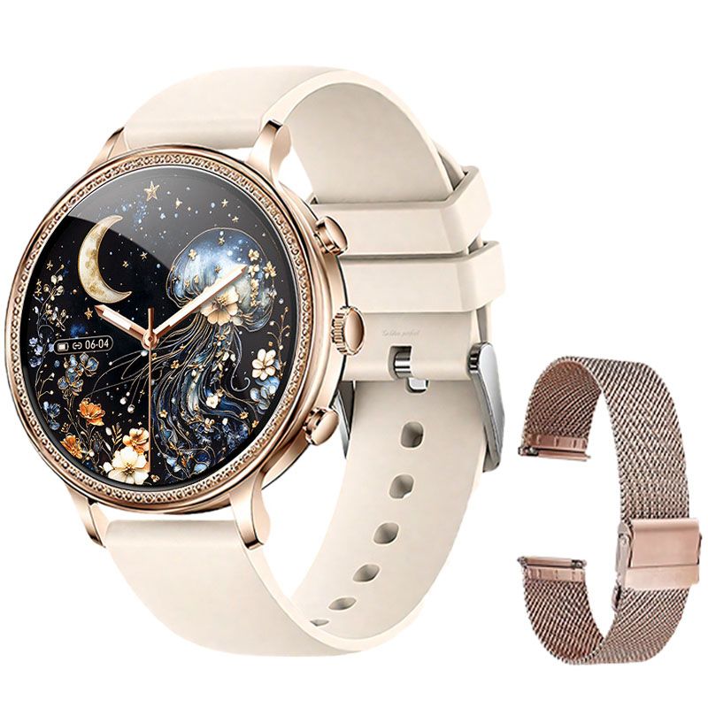 s-zoom.file_-1114.jpg 1.39-Inch Smartwatch for Women with Dual Straps, Gold Bezel & Fitness - Image 1