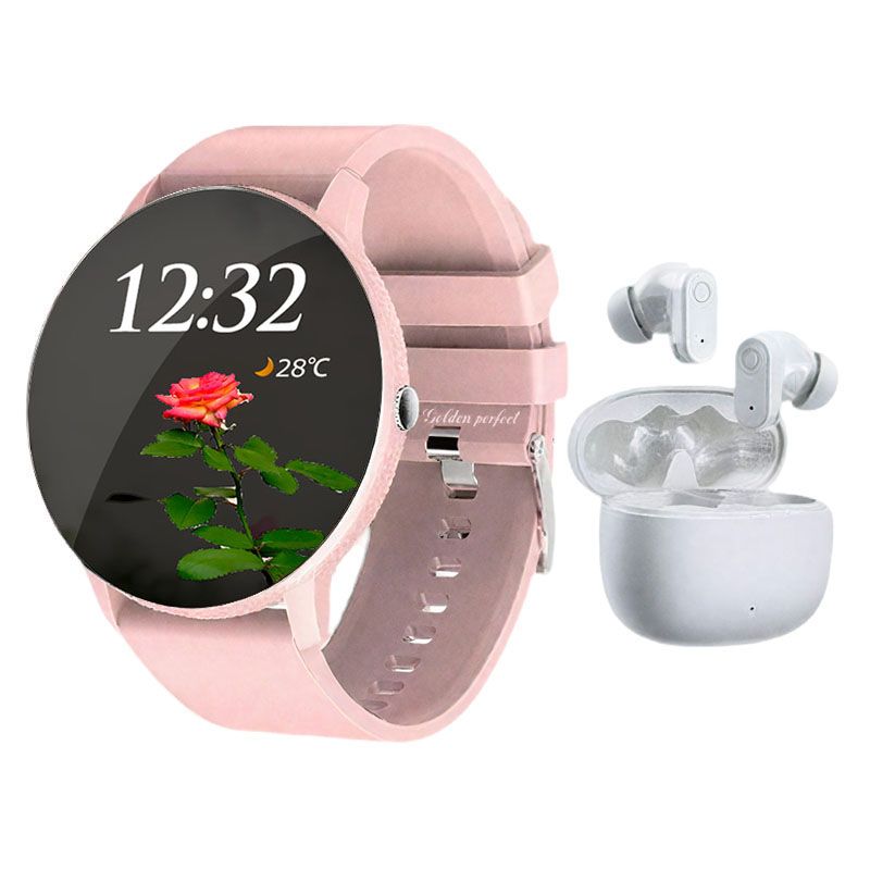 s-zoom.file_-1136.jpg Golden Perfect Women's Smartwatch & Bluetooth Earbuds - Romantic Pink Gift - Image 1