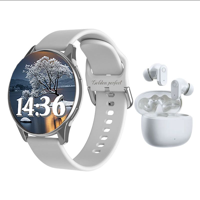 s-zoom.file_-1170.jpg Men's Smartwatch & Bluetooth Earbuds Set - Silver Bezel Business Edition - Image 1