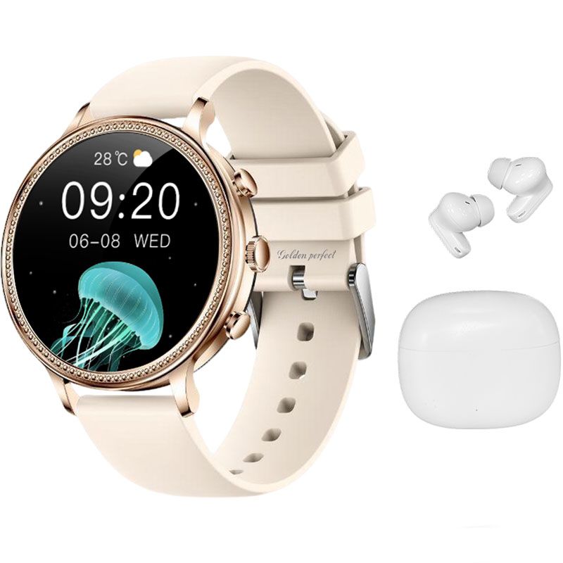 s-zoom.file_-1175.jpg Luxury 1.39 Inch Women's Smartwatch & Earbuds Set - Rose Gold Dual-Strap - Image 1