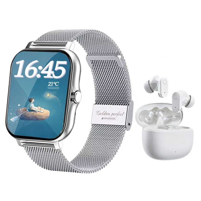 s-zoom.file_-1182.jpg Golden Perfect Unisex Smartwatch & Earbuds Set Silver Dual-Strap Edition - Image 1