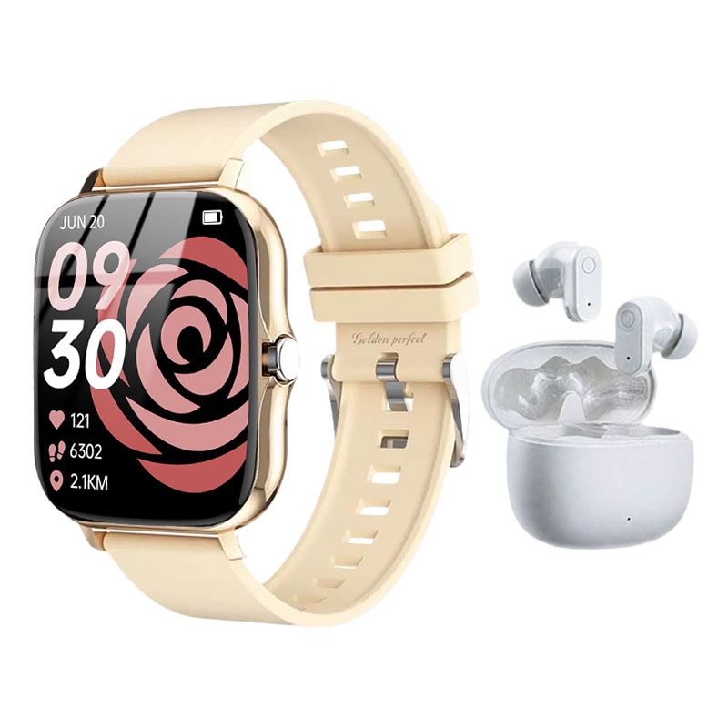 s-zoom.file_-1183.jpg GoldenPerfect Women's Smartwatch Premium White Bluetooth Earbuds Gift Set - Image 1