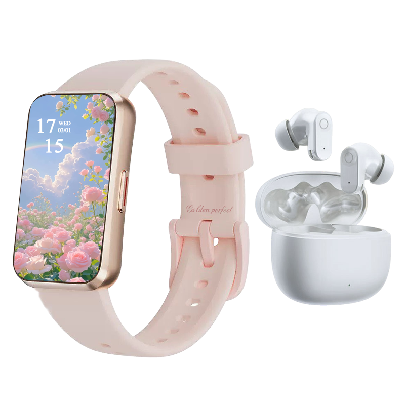 s-zoom.file_-342.png Pink Gold Smartwatch with Wireless Bluetooth Earbuds - A Sports Set - Image 1