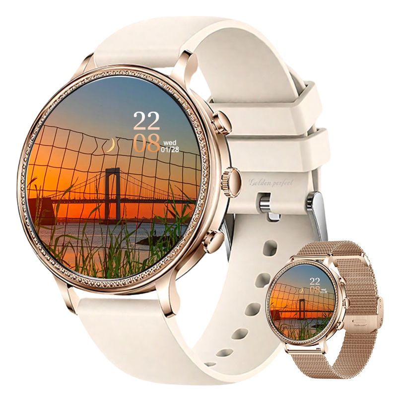 s-zoom.file_-348.jpg Smartwatch for Women 1.39" Rose Gold Round Dual Strap Minimal Elegant - Image 1