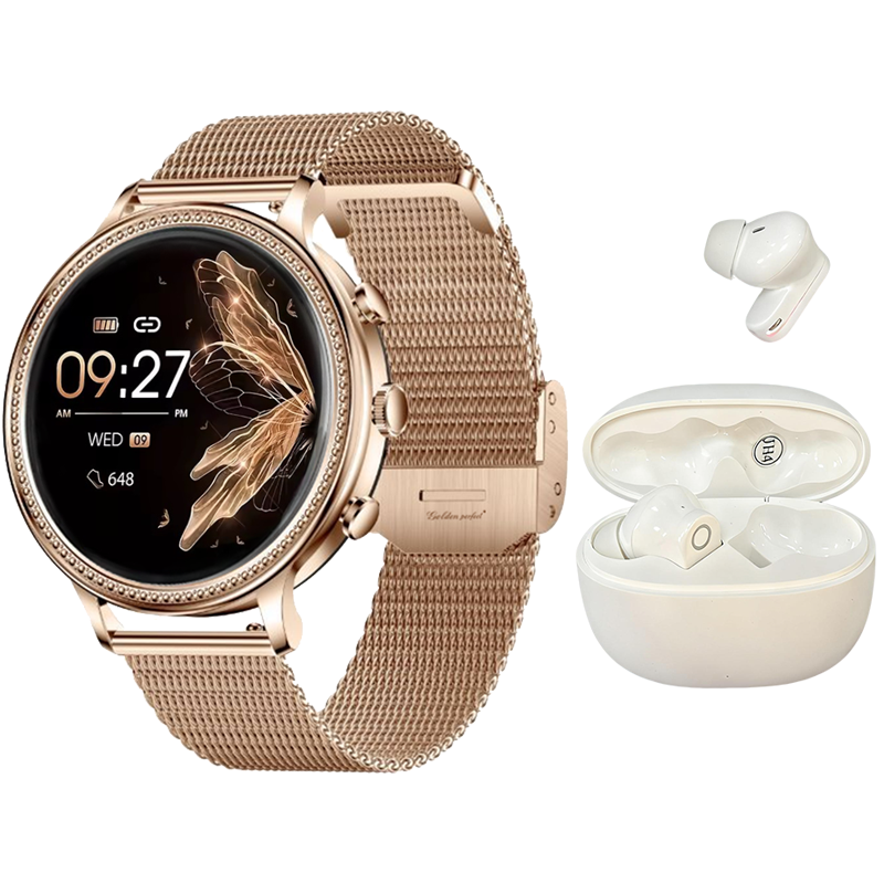 s-zoom.file_-434.png Golden Perfect Women's Smartwatch with Dual Straps & Bluetooth Earbuds - Image 1