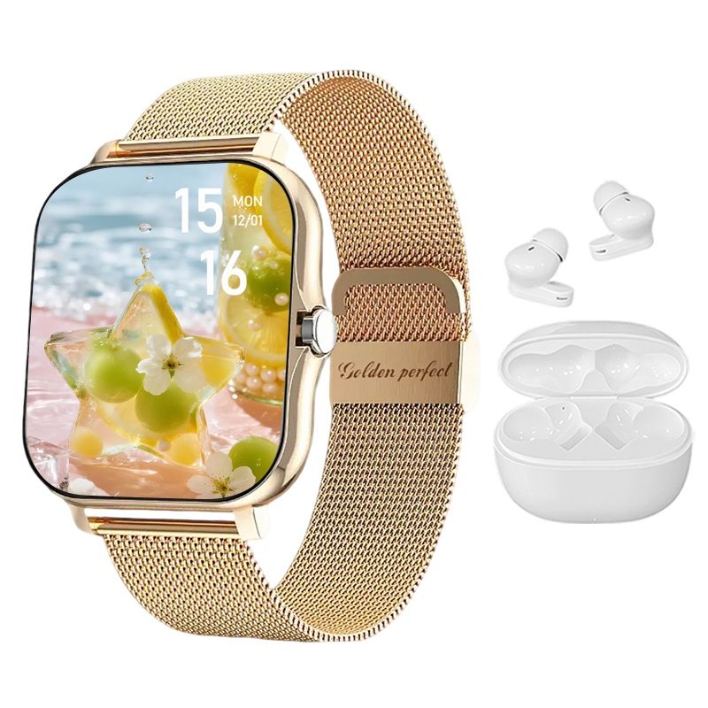 s-zoom.file_-798.jpg Dual-Strap Smartwatch & Wireless Earphones for Women - Golden Perfect Gift - Image 1