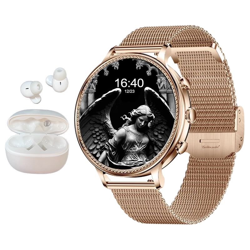 s-zoom.file_-883.jpg Fitness Smartwatch for Women Set Bluetooth Earphones 1.39" HD Rose Gold - Image 1