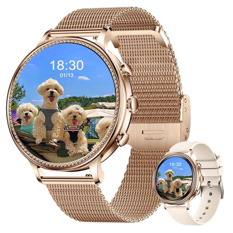 s-zoom.file_-900.jpg Rose Gold Women's Smartwatch 1.39" Dual Strap Android & iOS Compatible - Image 1