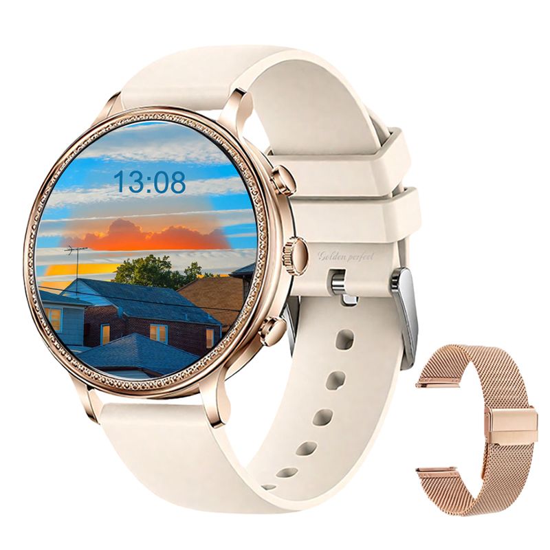s-zoom.file_-914.jpg Smartwatch for Women 1.39" AMOLED Rose Gold Round Luxury Dual Strap Gift - Image 1