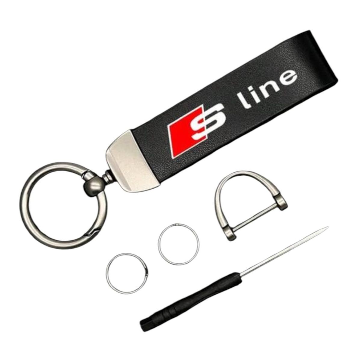 s-zoom.filetakealot-100844846-1.jpg Audi S-Line Keychain Set -Leather Strap , Metal Rings & Assembly Tool - Image 1
