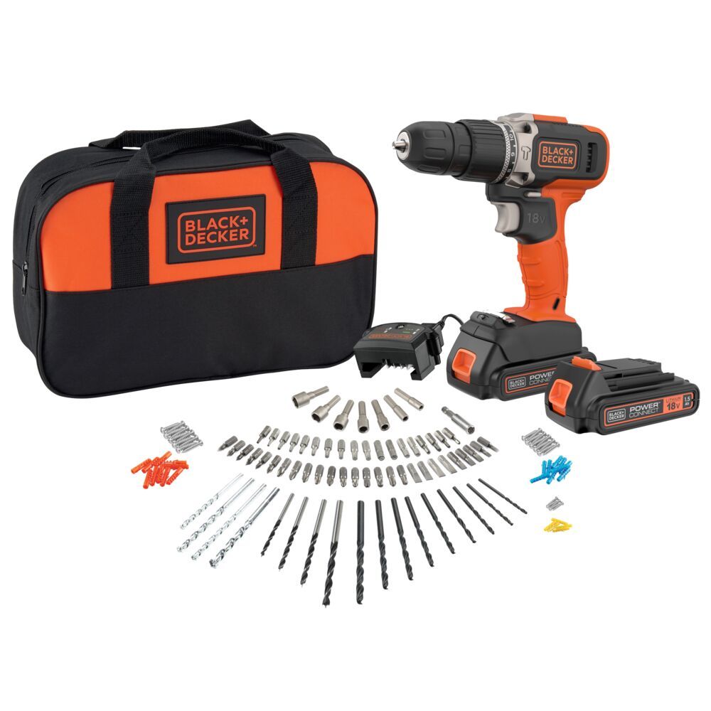 s-zoom.filetakealot-100969752-1.jpg BLACK+DECKER 18v Cordless Hammer Drill + Bag +120 Acc + 2x1.5ah Batt - Image 1
