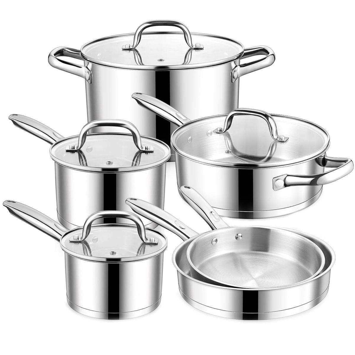 s-zoom.filetakealot-101354252-1.jpg 10-Piece Stainless Steel Cookware Set, Heavy Bottom Kitchen Pots Set - Image 1