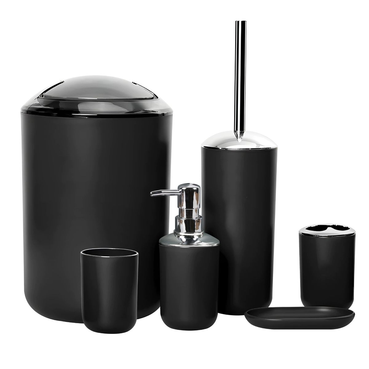 s-zoom.filetakealot-101814084-1.jpg 6-Piece Plastic Bathroom Accessory Set with Holder & Dispenser - Black - Image 1
