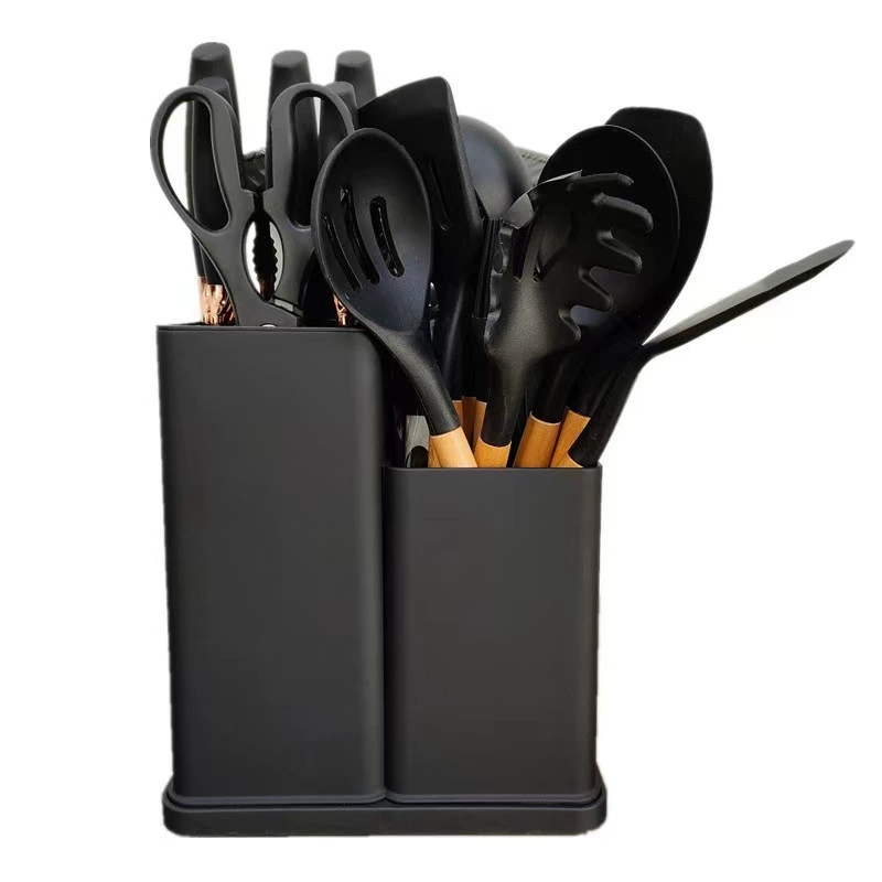 s-zoom.filetakealot-101820613-1.png 19-Piece Silicone Kitchen Set with Knives, Spoons & Rack - Black - Image 1
