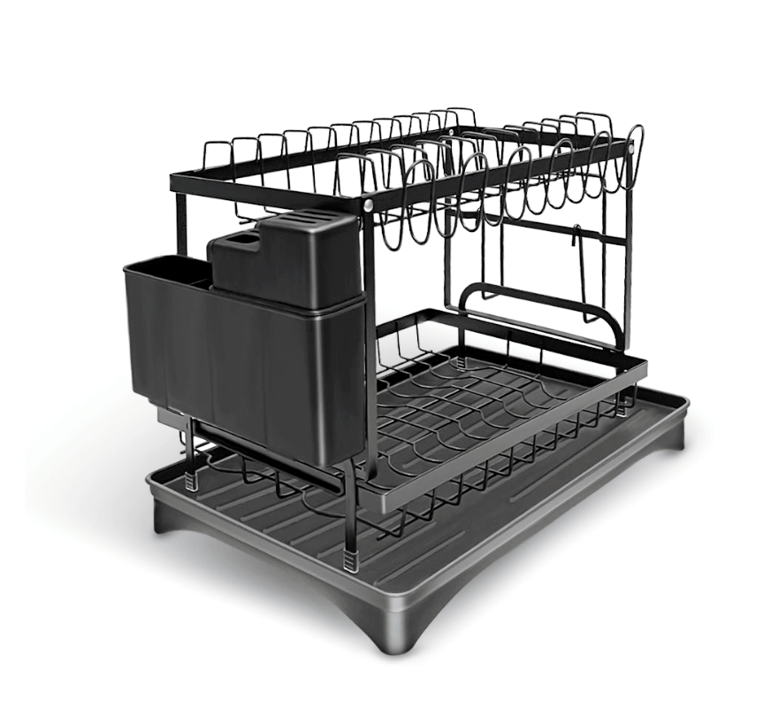 s-zoom.filetakealot-102112972-1.png HOMEPOLA Double Layer Cultery Dish Rack, Black Kitchen Drainage Rack - Image 1