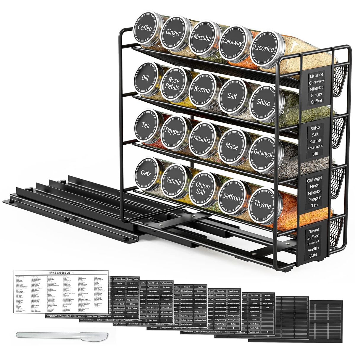 s-zoom.filetakealot-102356894-1.jpg Pull Out Spice Rack Organizer With 20 Glass Jars and Stickers Left Facing - Image 1