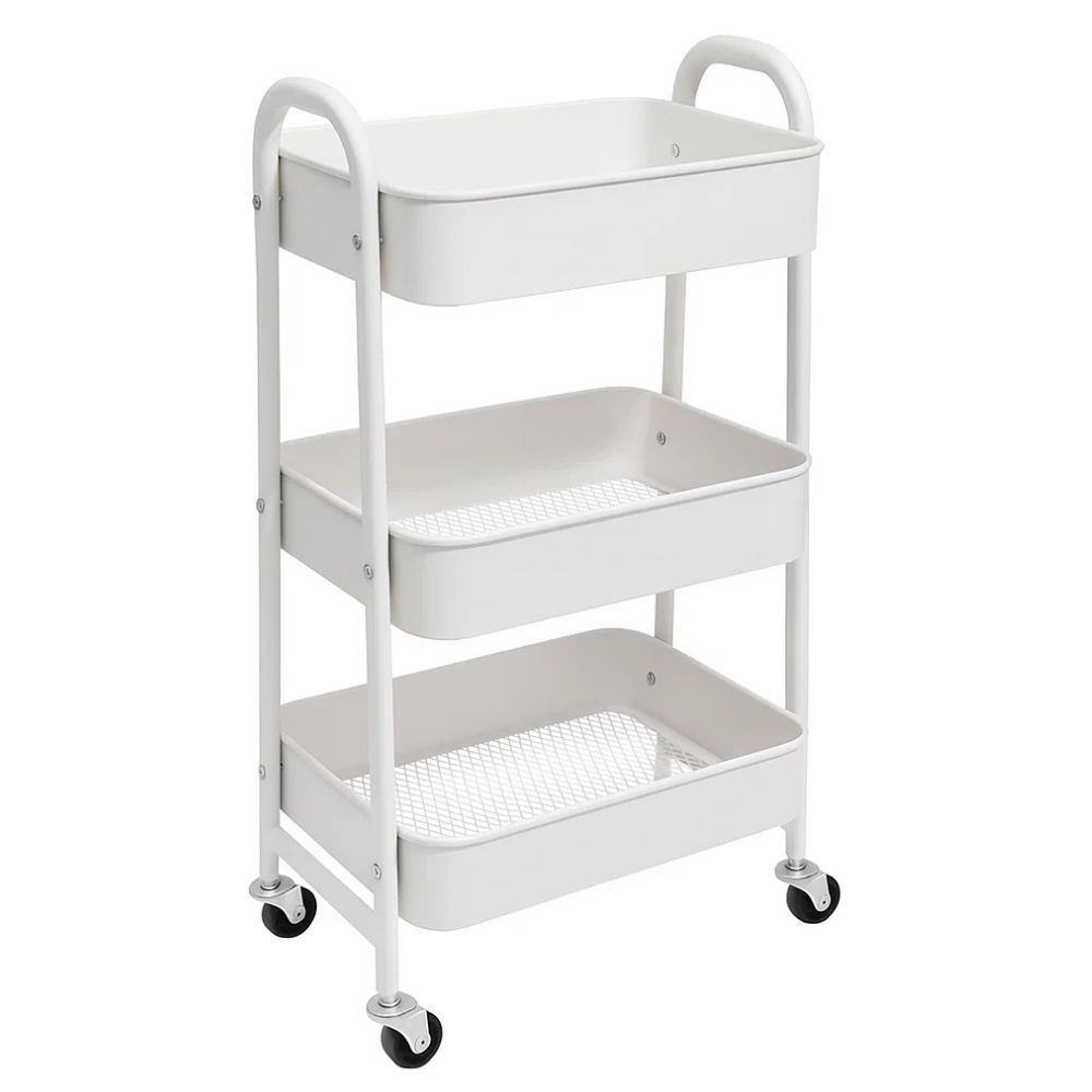 s-zoom.filetakealot-102481719-1.png 3-Tier Metal Mesh Storage Shelf Rolling Wheel Cart Movable Trolley - White - Image 1