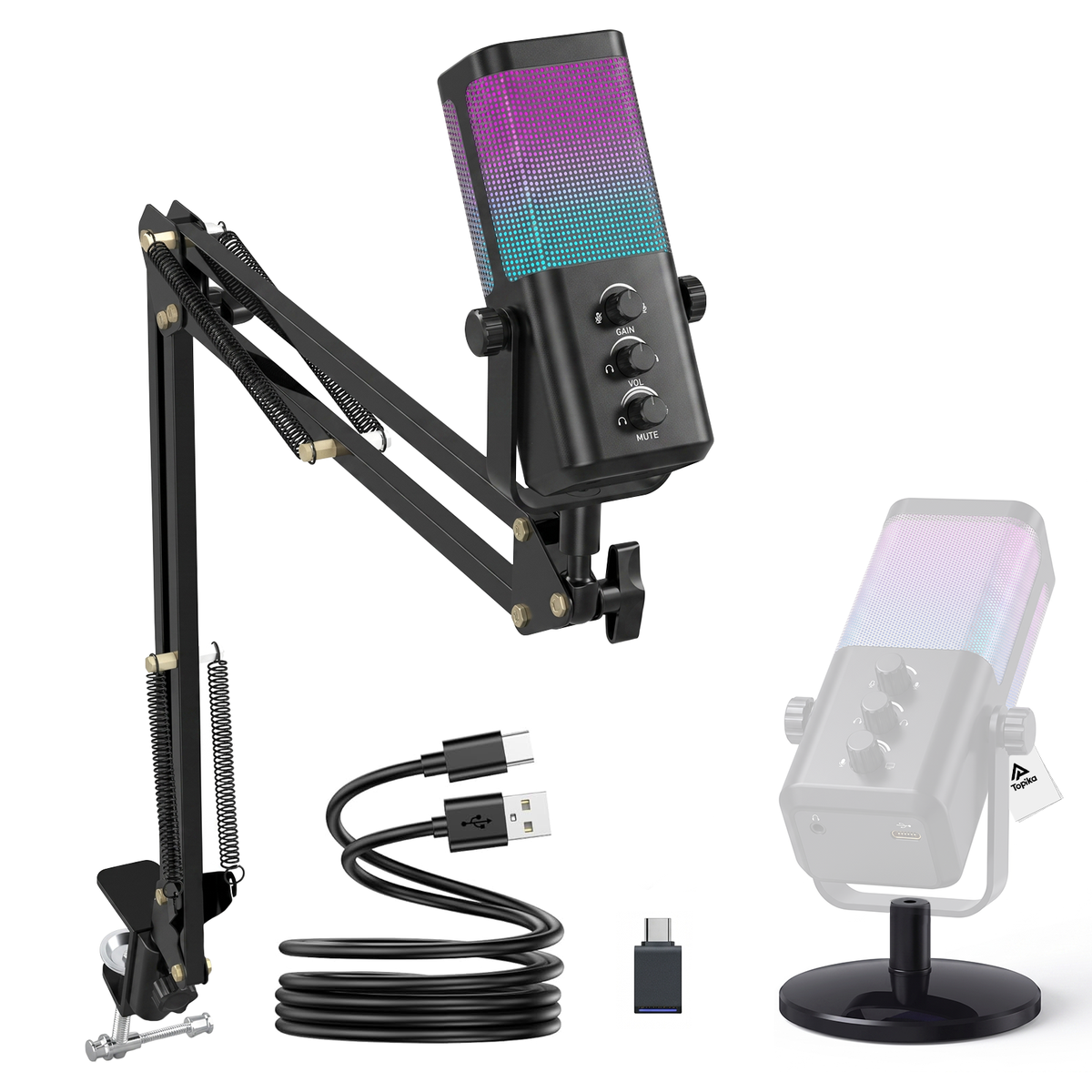 s-zoom.filetakealot-103055389-1.png Topika - Square RGB Gaming Microphone, USB PC Streaming Mic Kit with Stand - Image 1